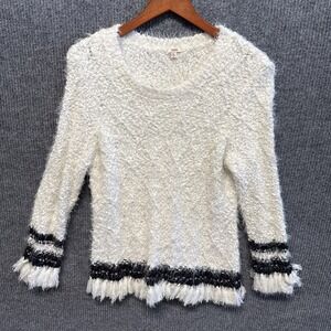 Reba Womens Sweater Ivory Navy‎ XL Fuzzy Fringe Soft Polyester Blend Knotty
